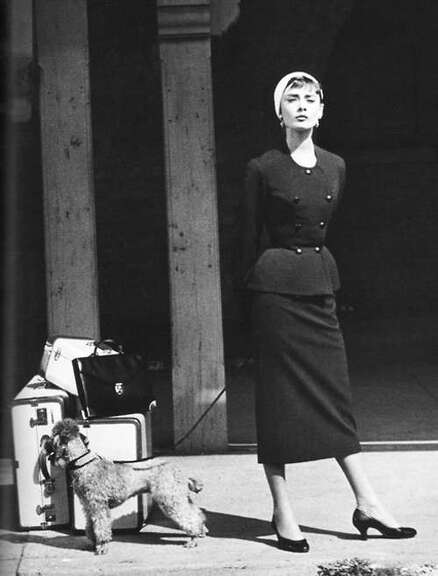 Audrey Hepburn in collarless wool suit in film Sabrina