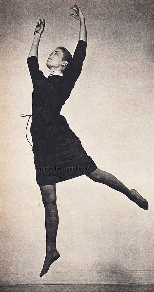 Elegant style icon wardrobe essentials: Grace Kelly in black dress, jumping in the air, photo by Philippe Halsman, 1954
