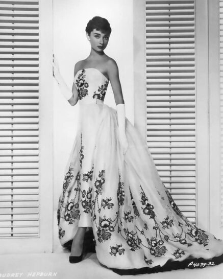 Audrey Hepburn in strapless floral floor length gown in film Sabrina