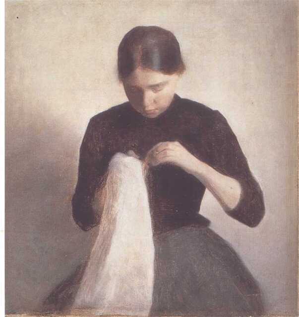 Vilhelm Hammershøi, a young girl sewing, 1887