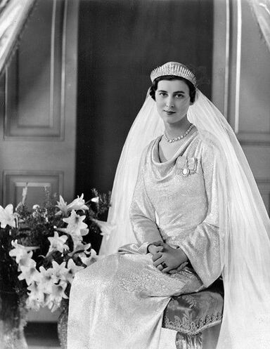 Princess Marina of Greece on her wedding to Prince George, On 29 November 1934. Her wedding gown is designed by British couturier Edward Molyneux
