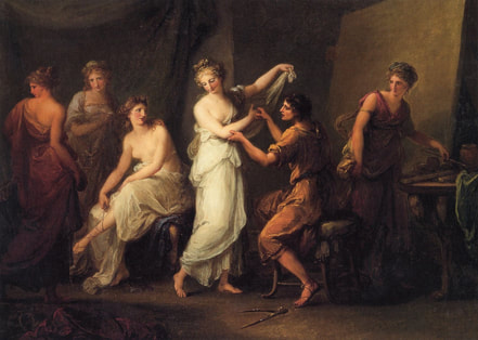 Zeuxis Selecting Models for His Painting of Helen of Troy (c. 1778), oil on canvas, dimensions unknown, by Angelica Kauffmann (30 October 1741 – 5 November 1807), Annmary Brown Memorial Library, Brown University, Rhode Island.