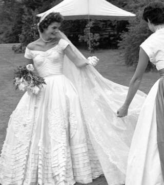 Jackie Kennedy wearing her wedding dress designed by Ann Lowe , 12 September 1953