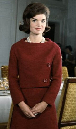 Jackie Kennedy wearing red 2 piece day dress for the CBS televised program: A tour of the White House with Mrs. John F. Kennedy, Washington DC, 14 February 1962