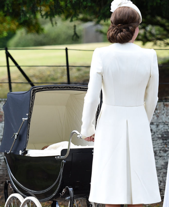 Kate Middleton Duchess of Cambridge bespoke wing lapel wool silk coat dress by Alexander McQueen Charlotte Christening 2015 detail