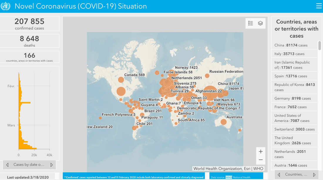 WHO coronavirus cases world map 18 March 2020